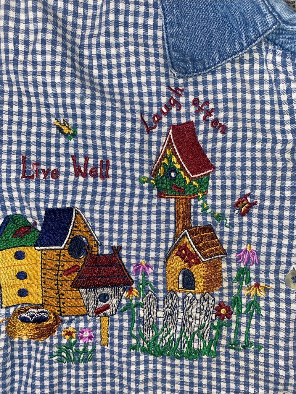 Quaker Factory Blue Gingham Button-Up Shirt with Embroidered Birdhouses - Picture 3 of 7